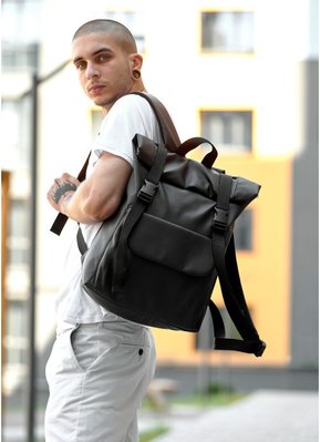 Мужской рюкзак ролл экокожа Sambag унисекс RollTop Milton черный с клапаном 24251001m фото