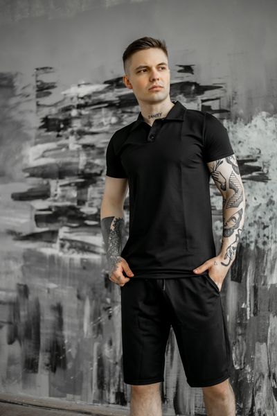Комплект літній чоловічий Lacosta чорний футболка поло + шорти 1622627631 фото
